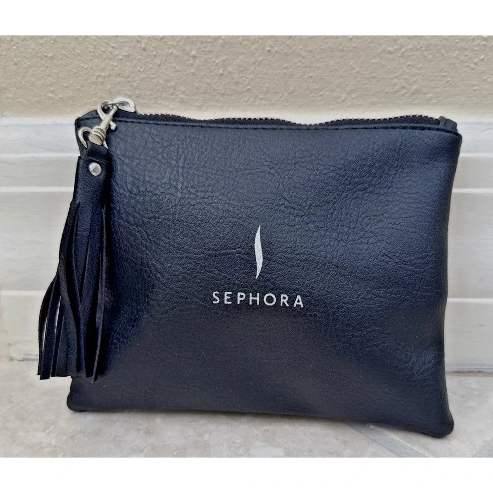 New Sephora Makeup Bag Black Faux Leather Zebra Lining Zip W/ Tassel Size Small